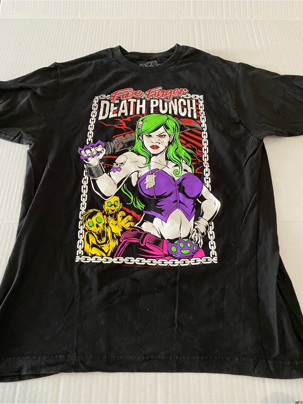 Five Finger Death Punch Black Graphic Tee with Purple & Green Artwork Size XL